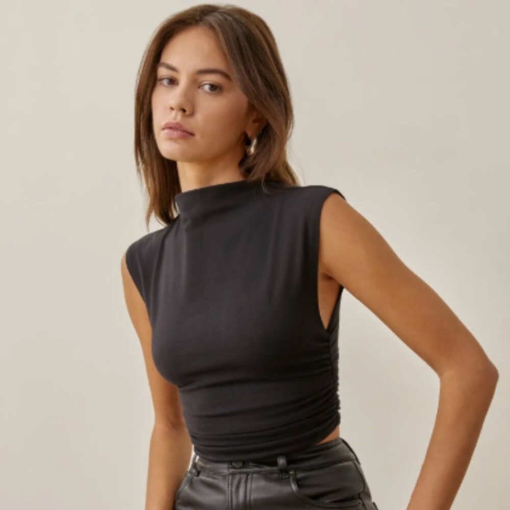 Reformation Lindy Knit Ruched Crop Top Black Sleeveless Size Small